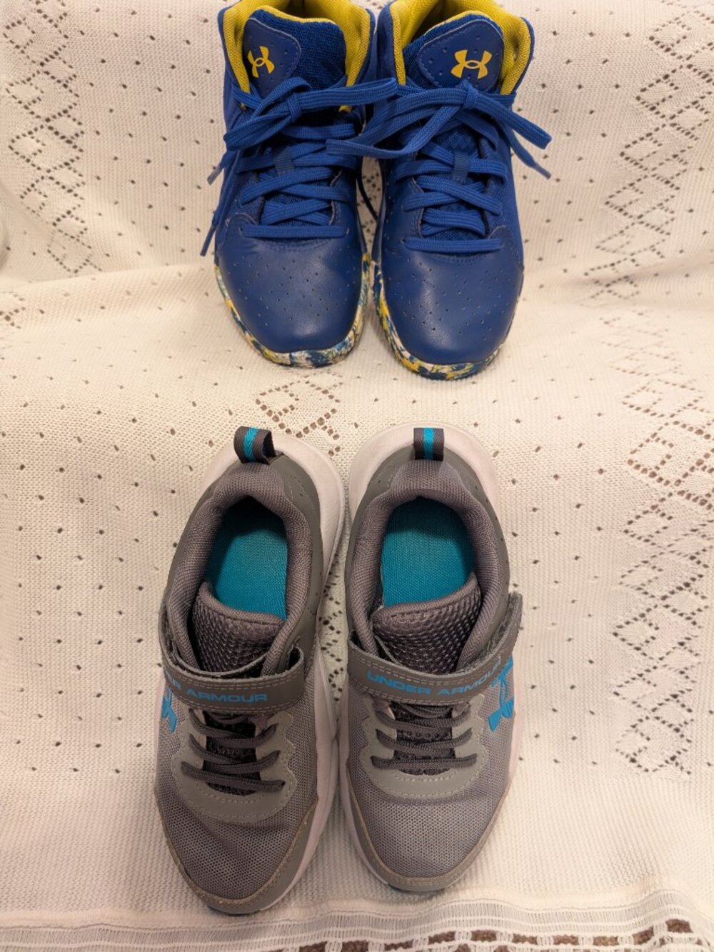 Lot! 2 pair Under Armour Shoes Sneakers Size 2Y blue yellow gray - Picture 2 of 16